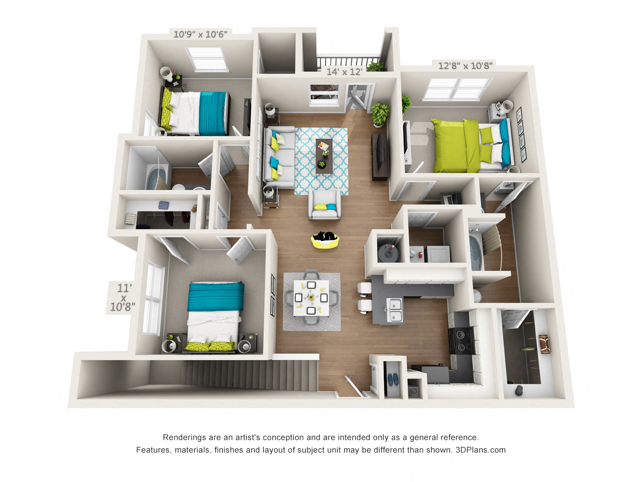 Floor plan for 3 beds, 2 baths, 1561 sqft
